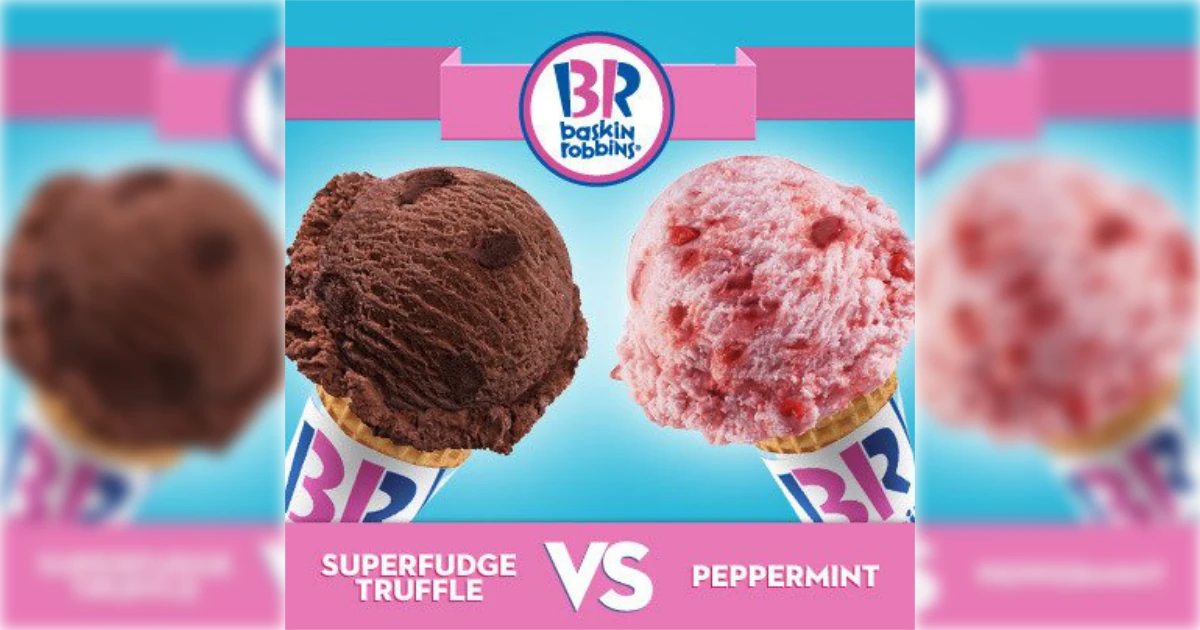 Baskin-Robbins Baskin-Robbins Superfudge Truffle versus Peppermint scoops on cones