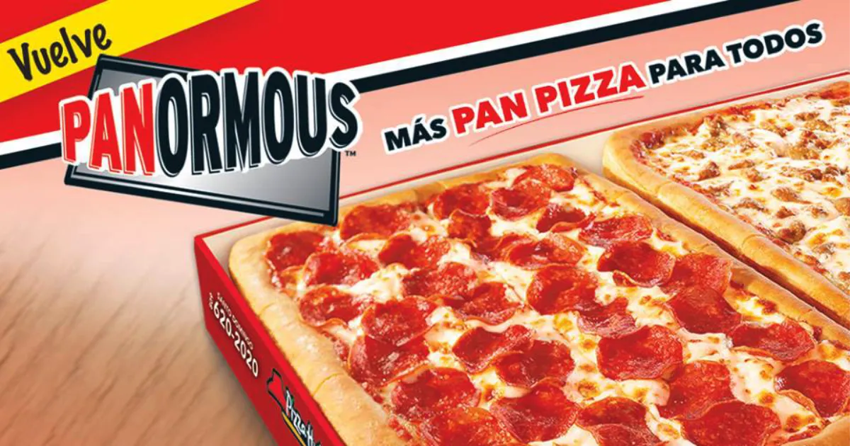 Pizza Hut Panormous Pizza ad with two rectangular pan pizzas in Pizza Hut box