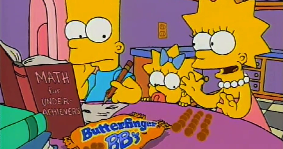 Bart, Lisa and Maggie Simpson with a Butterfinger BB's bag in a 1990s commercial
