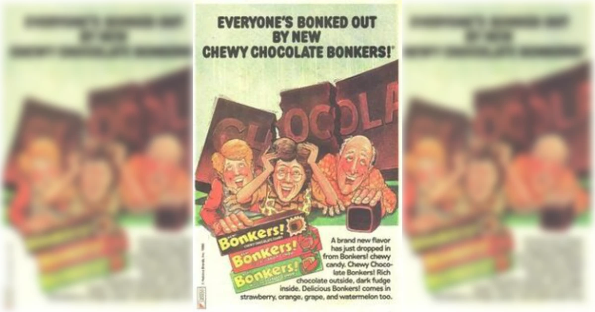 Chewy Chocolate Bonkers magazine ad with cartoon family and candy packs