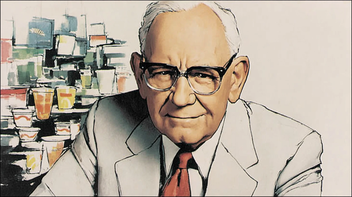 Dave Thomas, who opened the first Wendy’s in Columbus, Ohio in 1969 © History Oasis Dave Thomas Wendy’s founder portrait, illustrated in a cream suit with stacked drink cups behind him