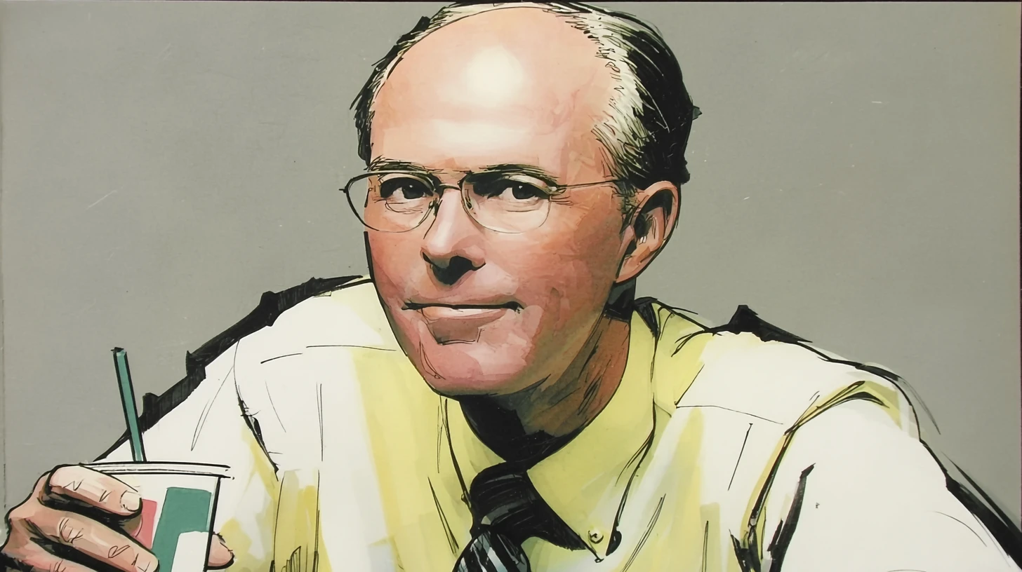 Gordon Teter, the Wendy’s CEO who bought Tim Hortons © History Oasis Illustrated portrait of former Wendy’s CEO Gordon Teter in a yellow shirt holding a Wendy’s drink cup