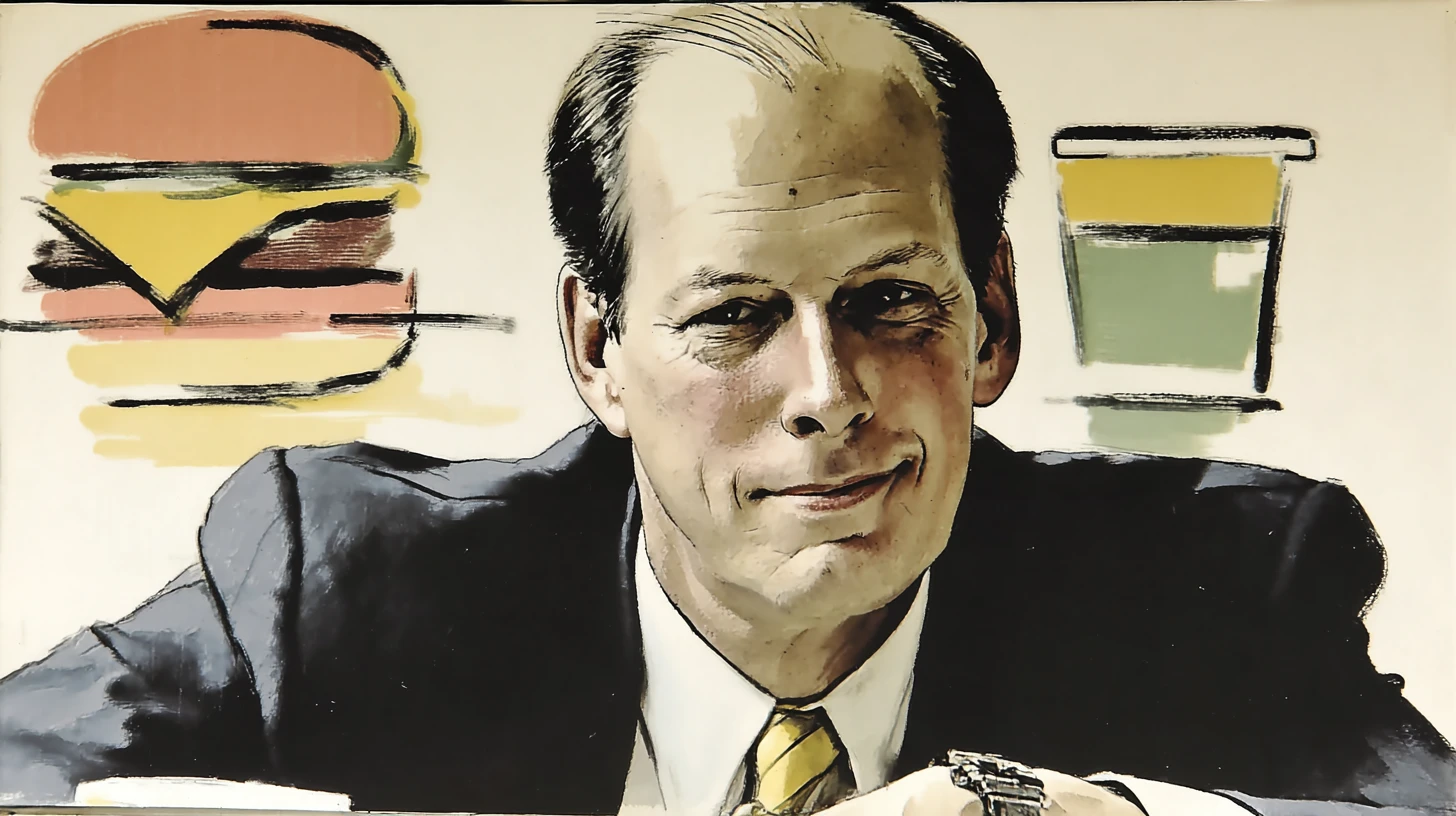 Jack Schuessler, who ran Wendy’s from 2000 to 2006 © History Oasis Illustrated portrait of Wendy’s CEO Jack Schuessler at a desk with a burger and drink sketched behind him