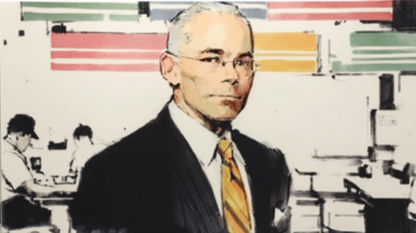 Roland Smith, who ran parent company Wendy’s/Arby’s Group from 2008 to 2011 © History Oasis Illustrated portrait of Roland Smith in a dark suit and gold tie inside a Wendy’s dining room