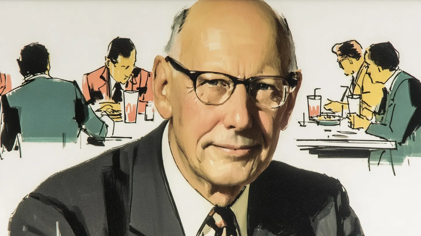 Emil Brolick, the Wendy’s veteran who returned as CEO in 2011 © History Oasis Illustrated portrait of former Wendy’s CEO Emil Brolick in heavy glasses with diners sketched behind him