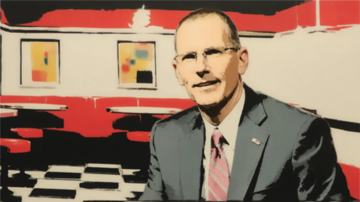 Todd Penegor, who ran Wendy’s from 2016 to 2024 © History Oasis Stylized portrait of former Wendy’s CEO Todd Penegor in a gray suit inside a red-and-white Wendy’s dining room
