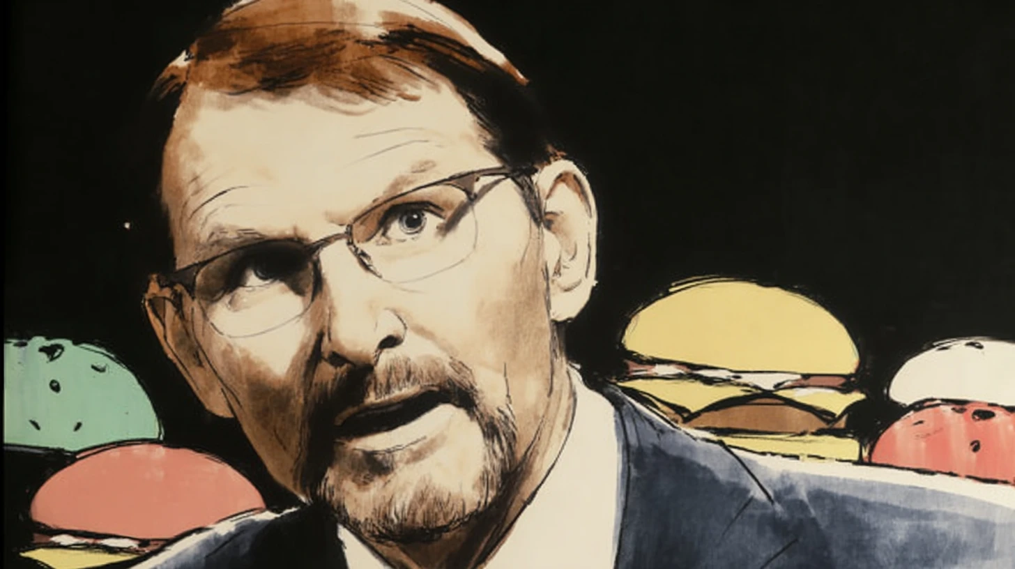 Kirk Tanner, whose Wendy’s tenure lasted about 18 months © History Oasis Illustrated portrait of former Wendy’s CEO Kirk Tanner in rimless glasses with hamburgers in the dark background