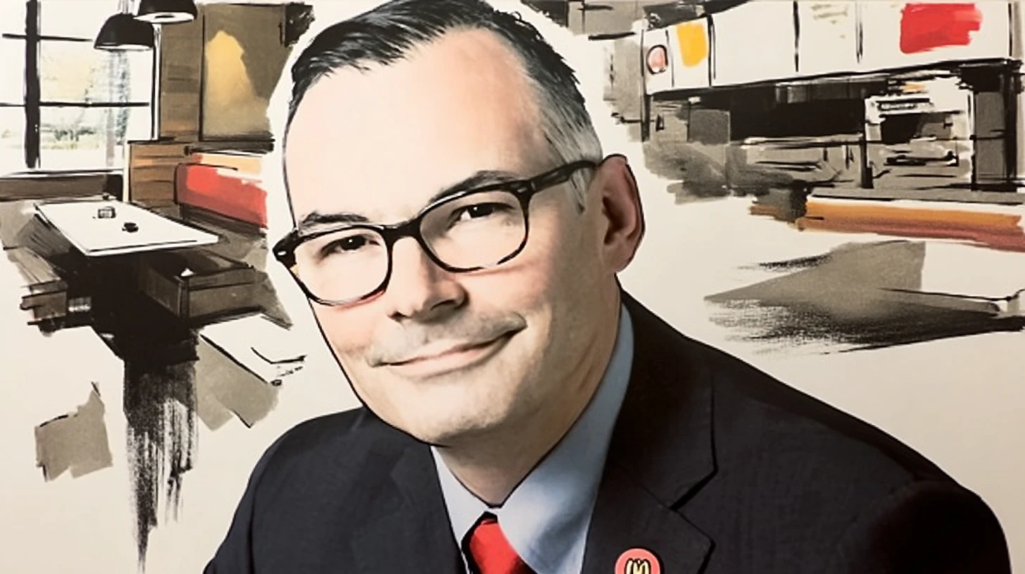 Ken Cook, Wendy’s CFO and interim CEO from 2025 to 2026 © History Oasis Illustrated portrait of Ken Cook, Wendy’s CFO and interim CEO, in dark-rimmed glasses and a red tie