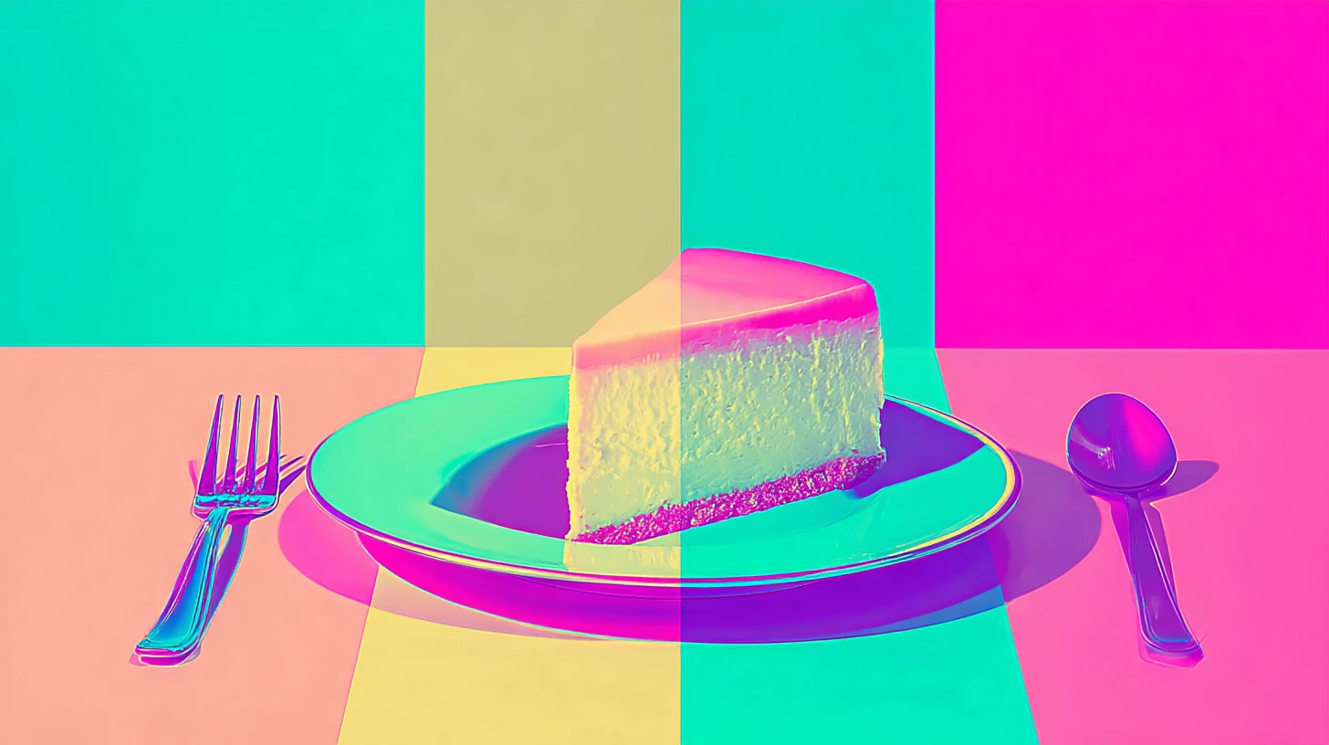 Neon pop-art slice of cheesecake on a plate with fork and spoon