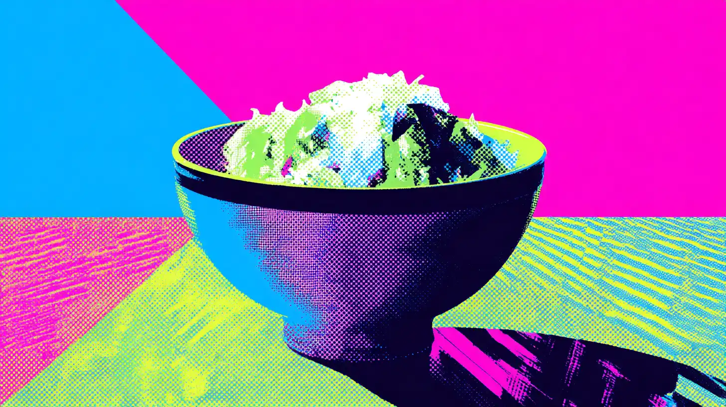 Pop-art bowl of coleslaw in neon pink, blue, and yellow
