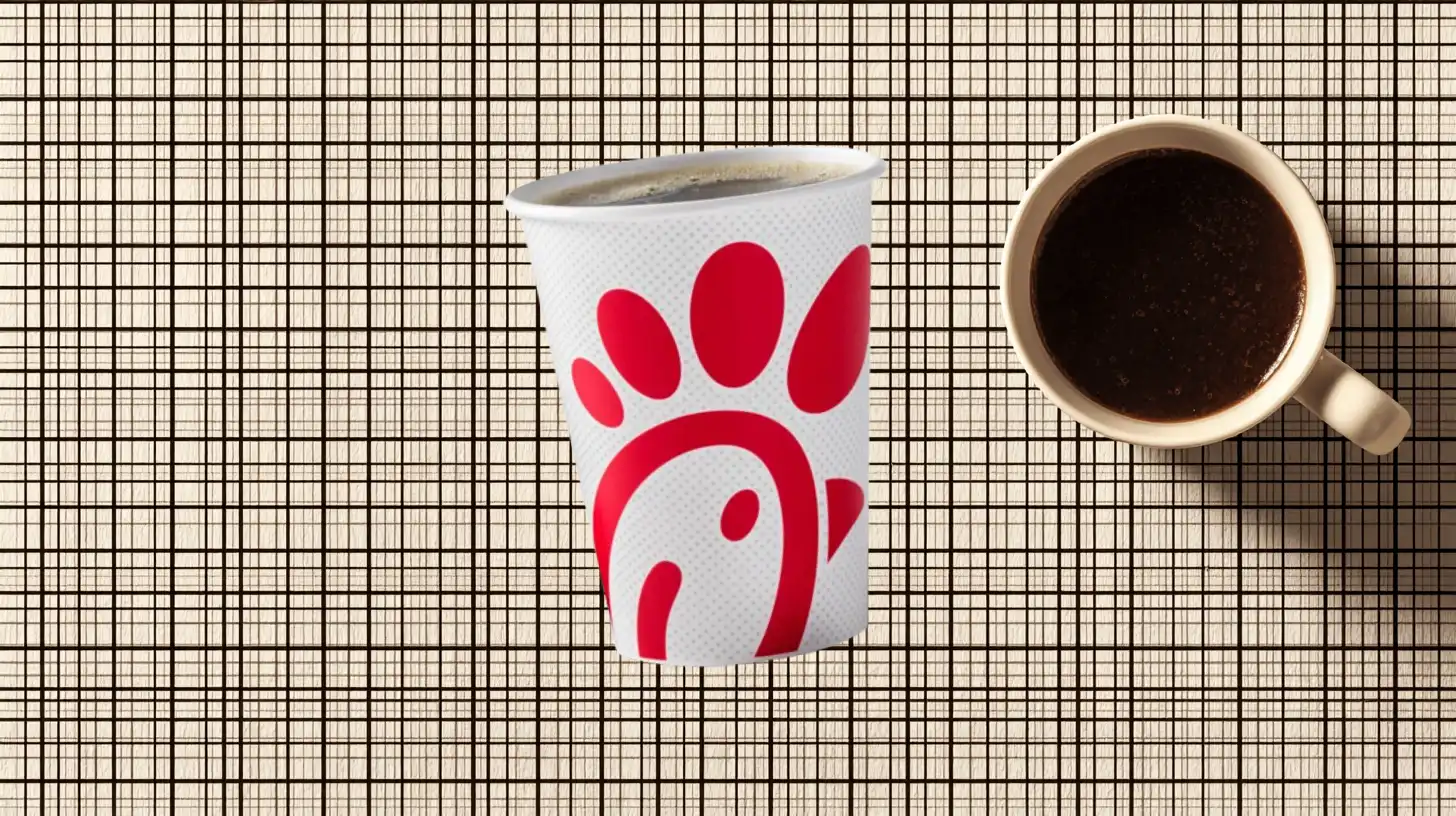 Chick-fil-A paper coffee cup beside a mug of black coffee