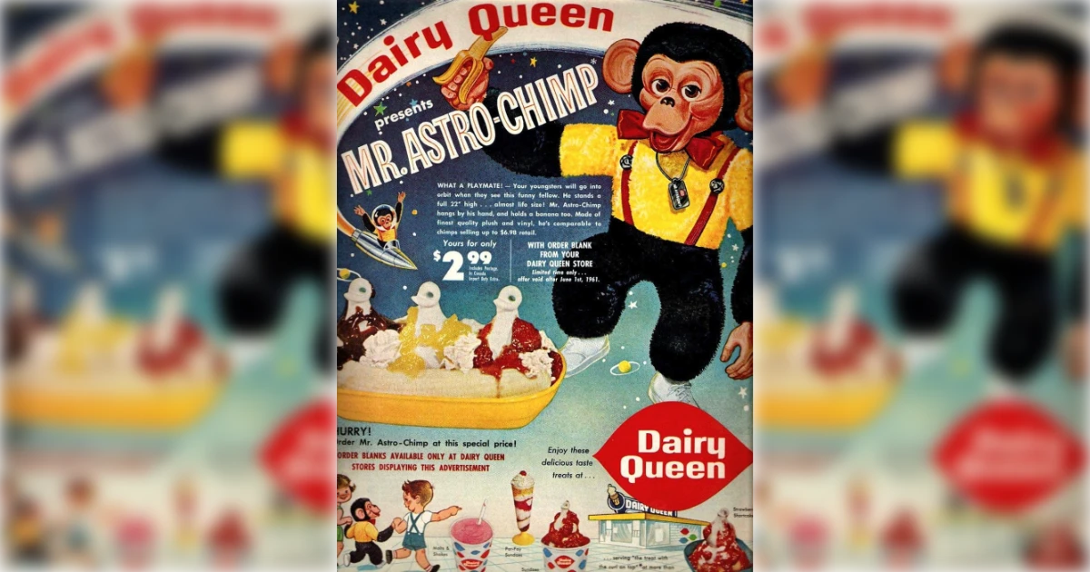 Dairy Queen Vintage Dairy Queen Mr. Astro-Chimp plush toy ad with a banana split