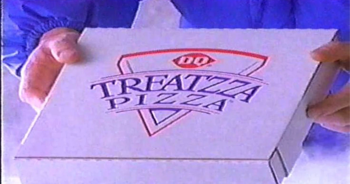 Dairy Queen Hands holding a white Dairy Queen Treatzza Pizza box