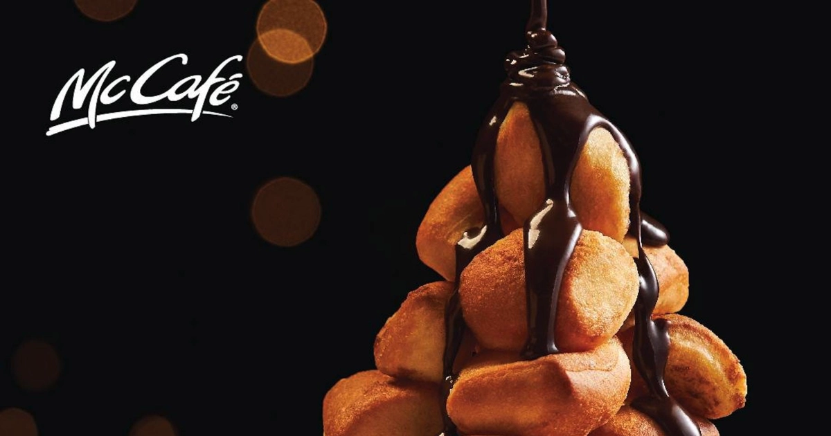 McCafé fried dough bites stacked with chocolate sauce drizzle