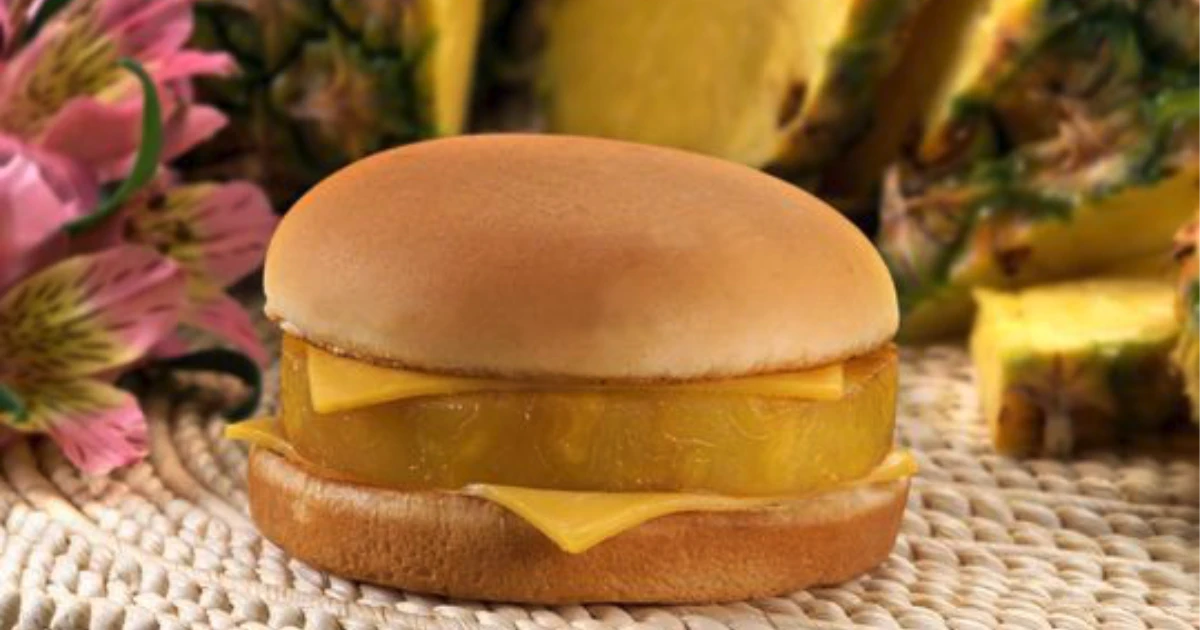Hula Burger: grilled pineapple slice and cheese on bun
