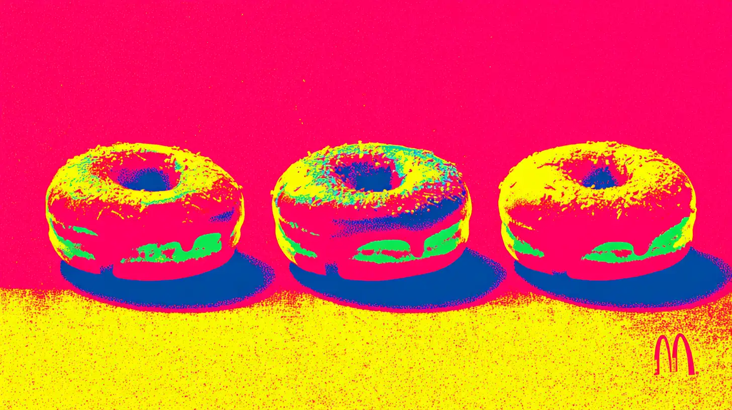Pop-art McDonald's donuts © History Oasis Three donuts in pop-art colors with McDonald's golden arches
