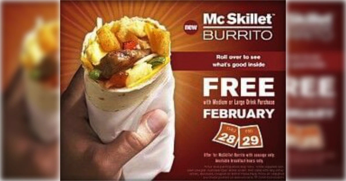 McDonald's McSkillet Burrito ad, hand holding burrito, free with drink promotion