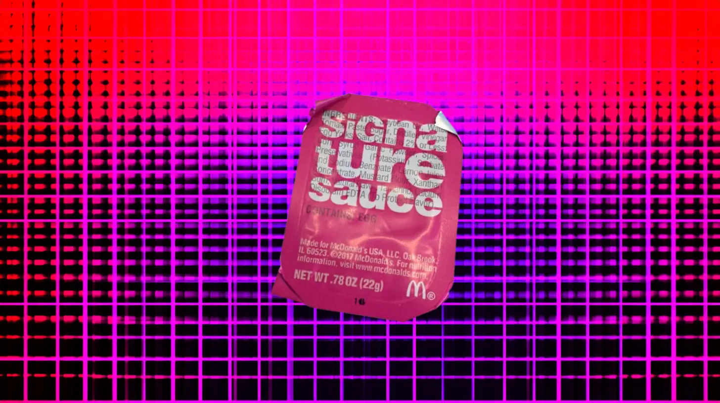 McDonald's Signature Sauce dipping packet on pink grid background