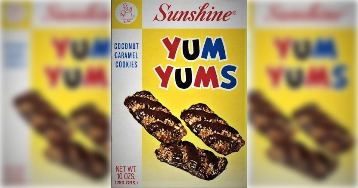 Sunshine Sunshine Yum Yums coconut caramel cookies box from the 1970s
