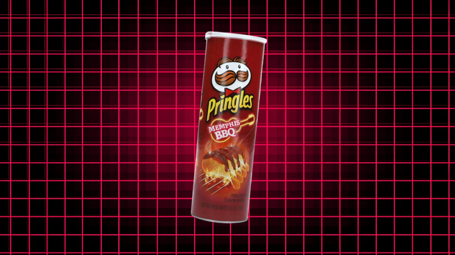 Kellanova Dark red Pringles Memphis BBQ can with guitar graphic on pink grid