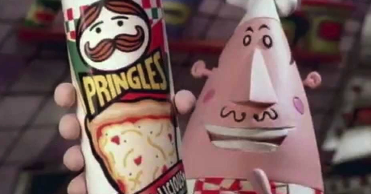 Kellanova Claymation hand holding Pringles Pizzalicious can beside pink cone-shaped character