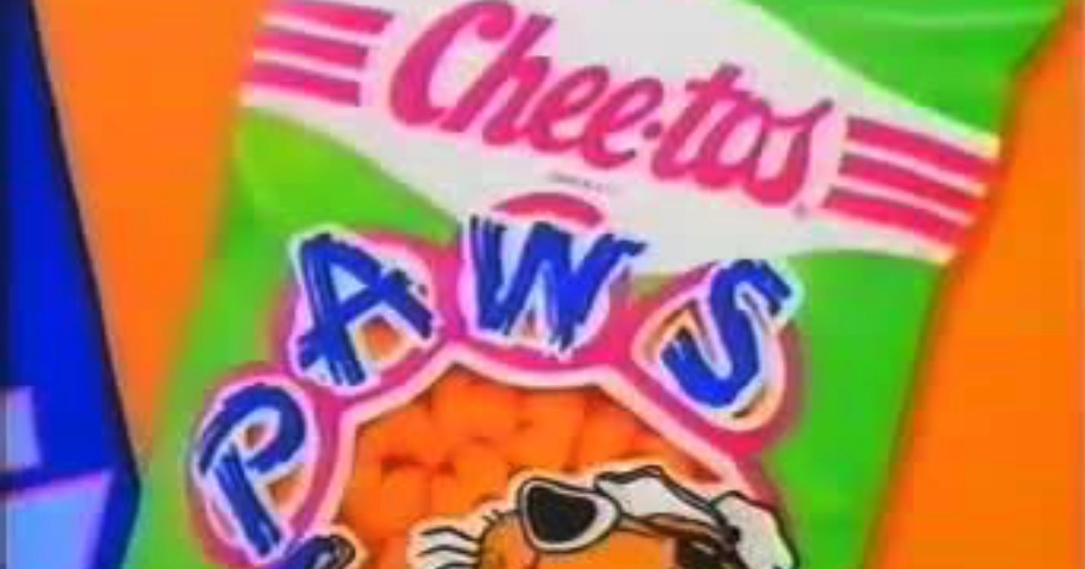 Frito-Lay Chee-tos Paws bag, green package with blue bubble letters and Chester Cheetah