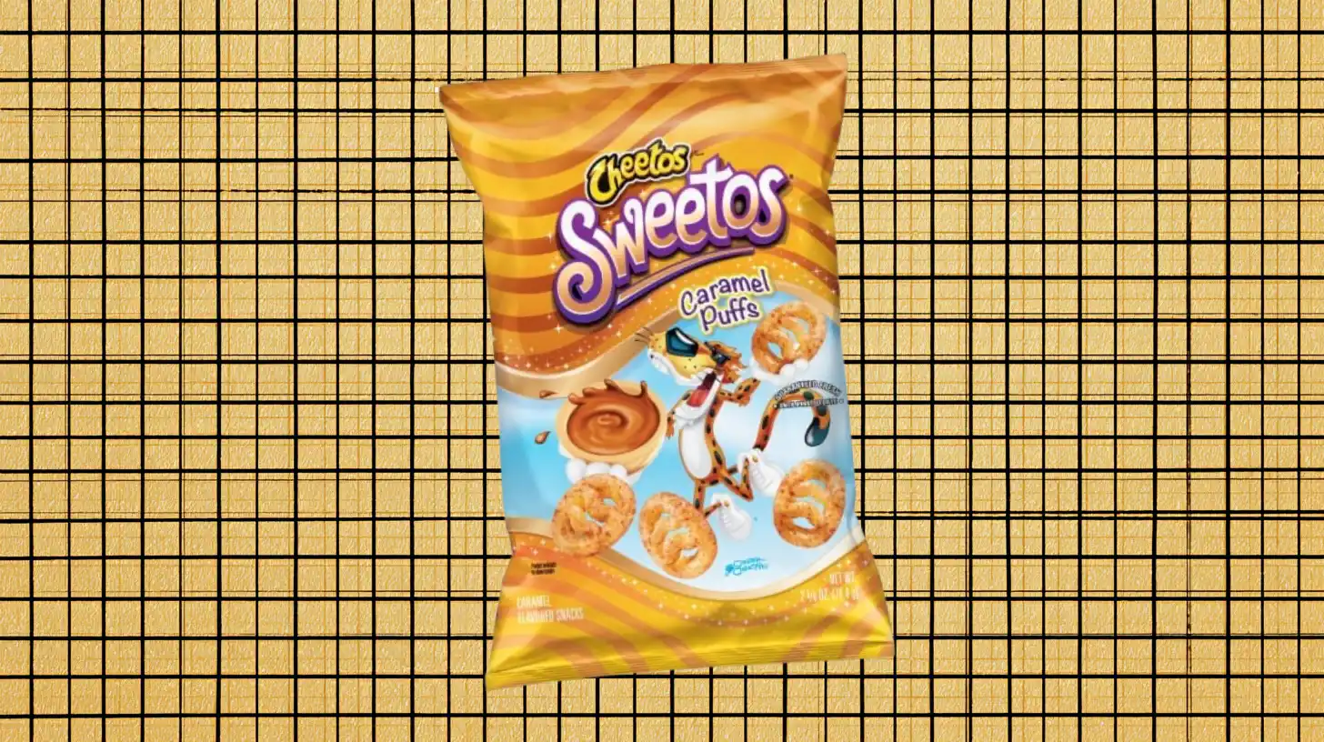 Frito-Lay Cheetos Sweetos Caramel Puffs bag, gold package with Chester Cheetah