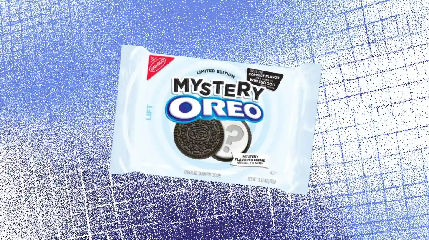 Nabisco Mystery Oreo light blue package with question mark creme cookie