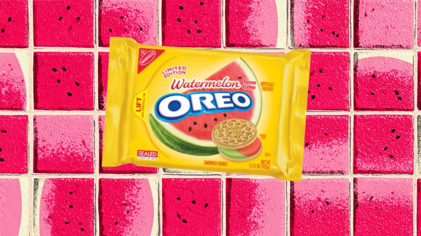 Nabisco Watermelon Oreo yellow package with pink and green creme cookie