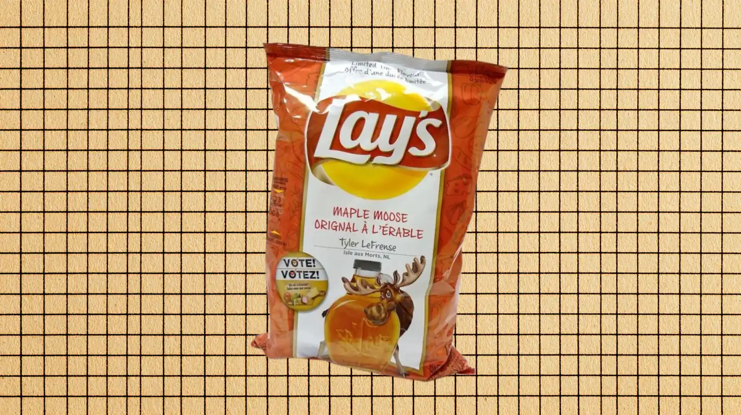 Lay’s Maple Moose potato chips bag with a cartoon moose