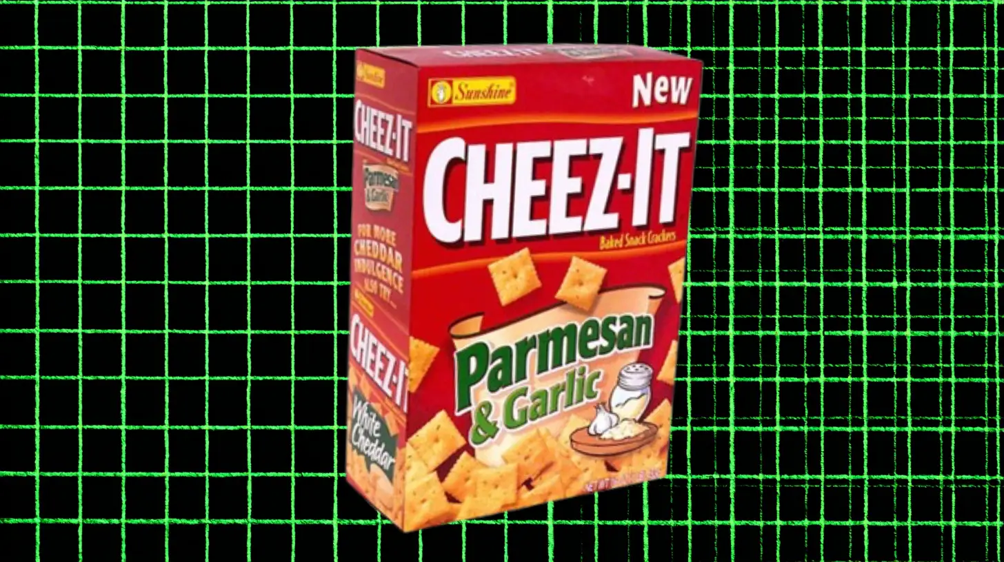 Cheez-It Parmesan and Garlic cracker box on green grid background