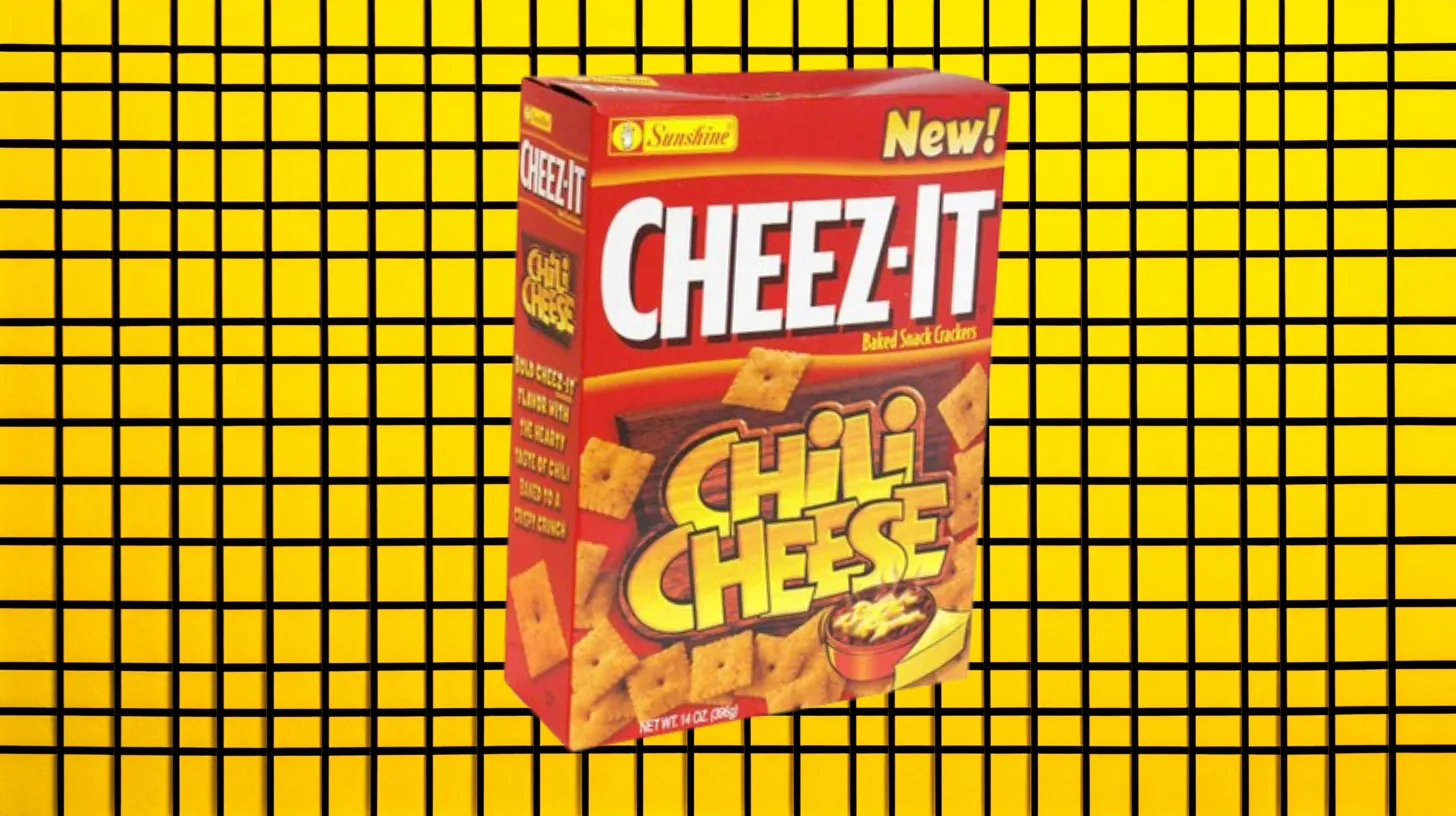 Cheez-It Chili Cheese cracker box on yellow grid background
