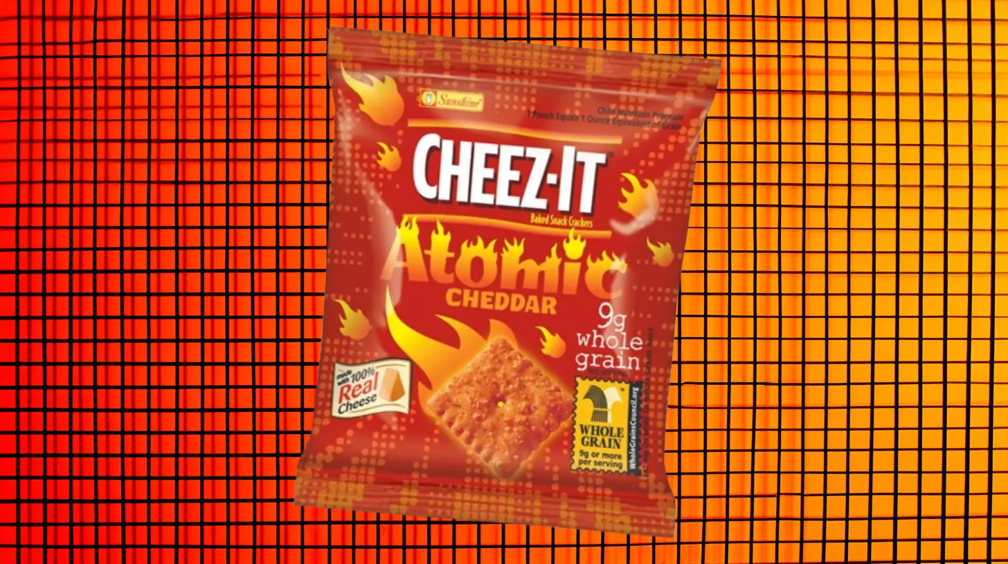Cheez-It Atomic Cheddar single-serve snack pouch with flame graphics