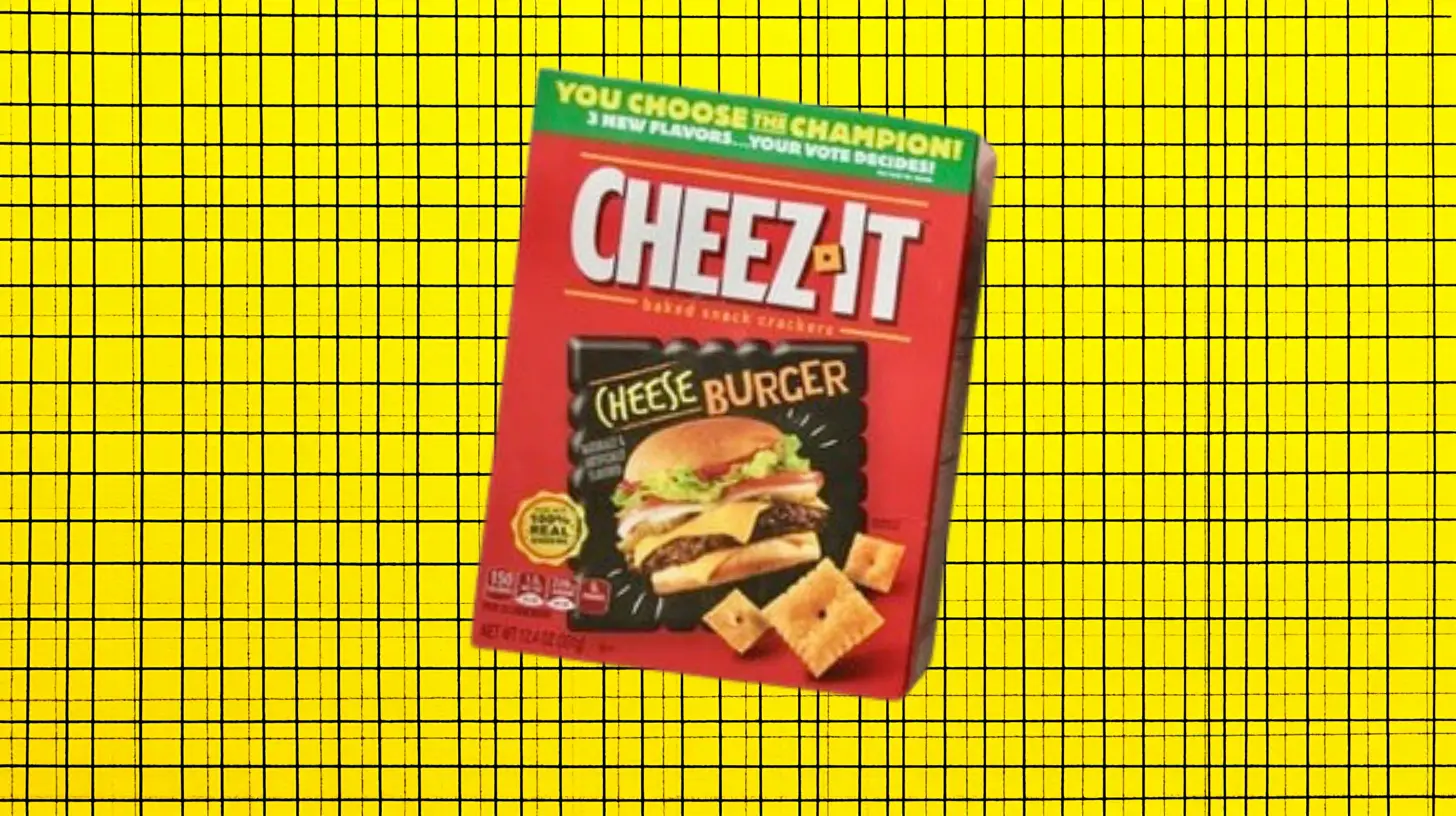 Cheez-It Cheese Burger cracker box on yellow grid background