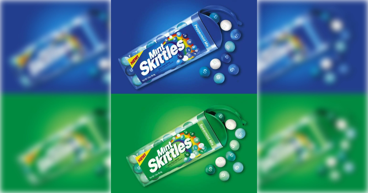 Mars, Inc Mint Skittles Peppermint Mix and Spearmint Mix tubes with candies spilling out