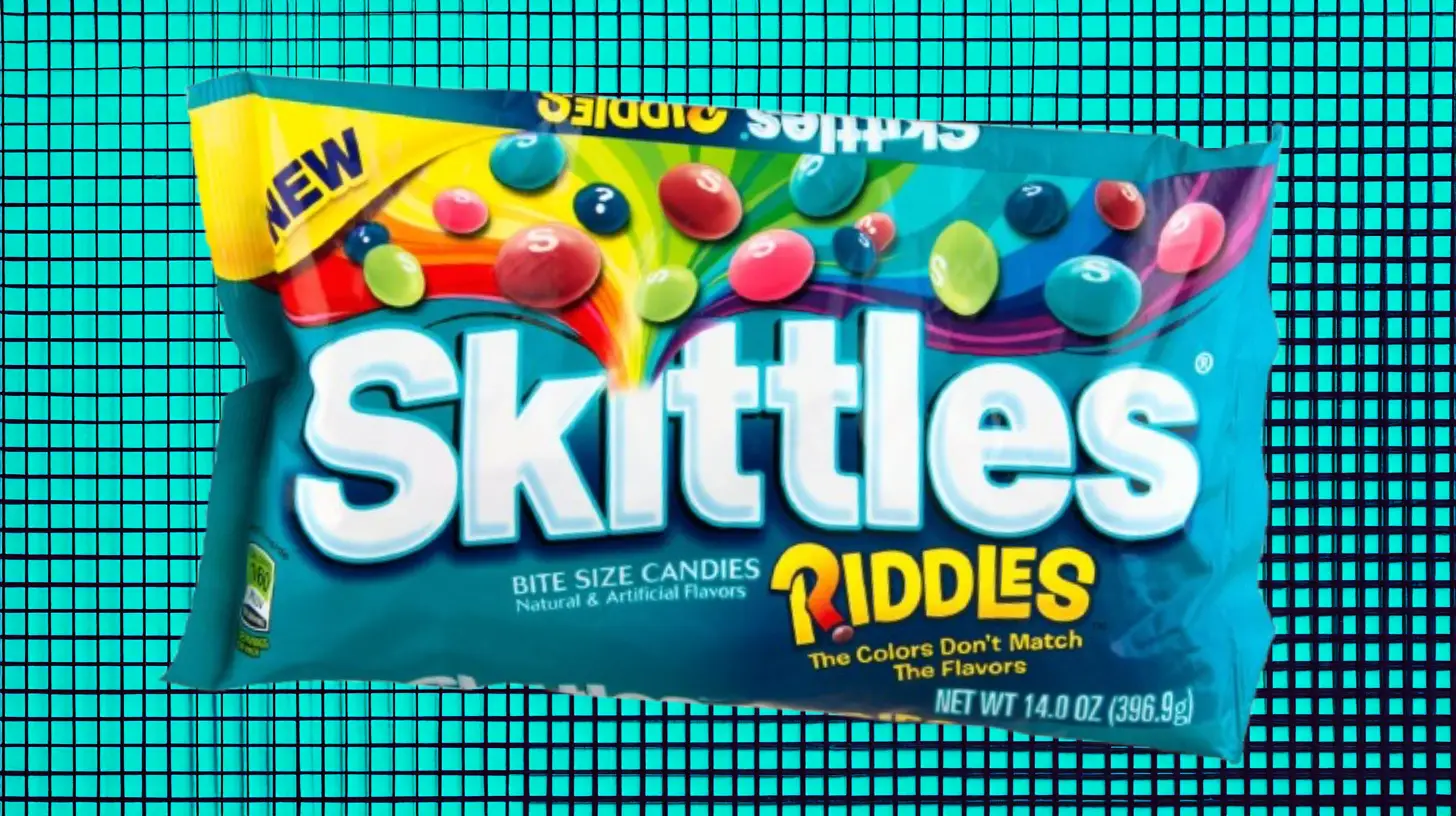 Mars, Inc Skittles Riddles teal candy bag reading The Colors Don't Match The Flavors