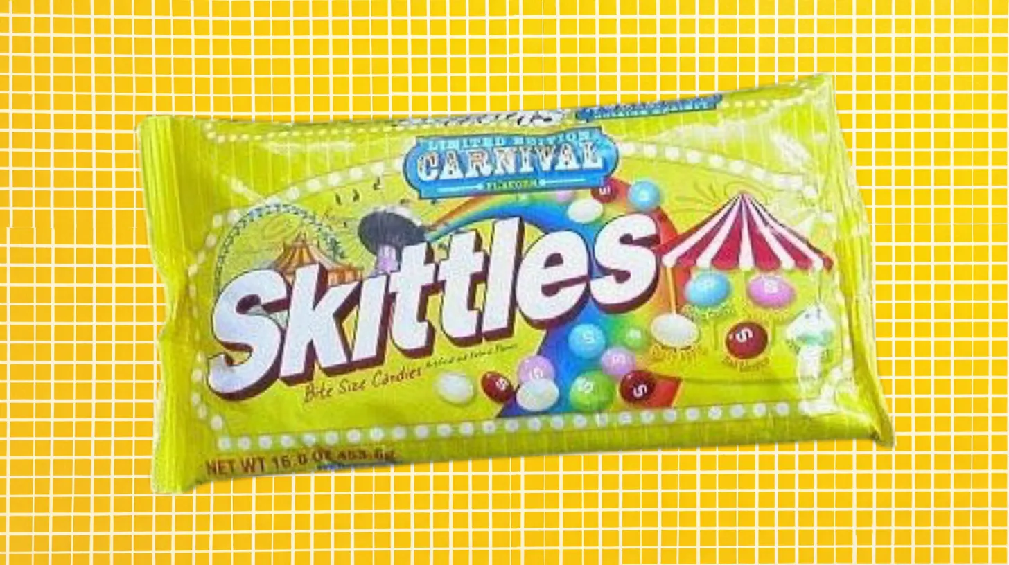 Mars, Inc Limited edition Skittles Carnival Flavors bag with circus tent and rainbow art