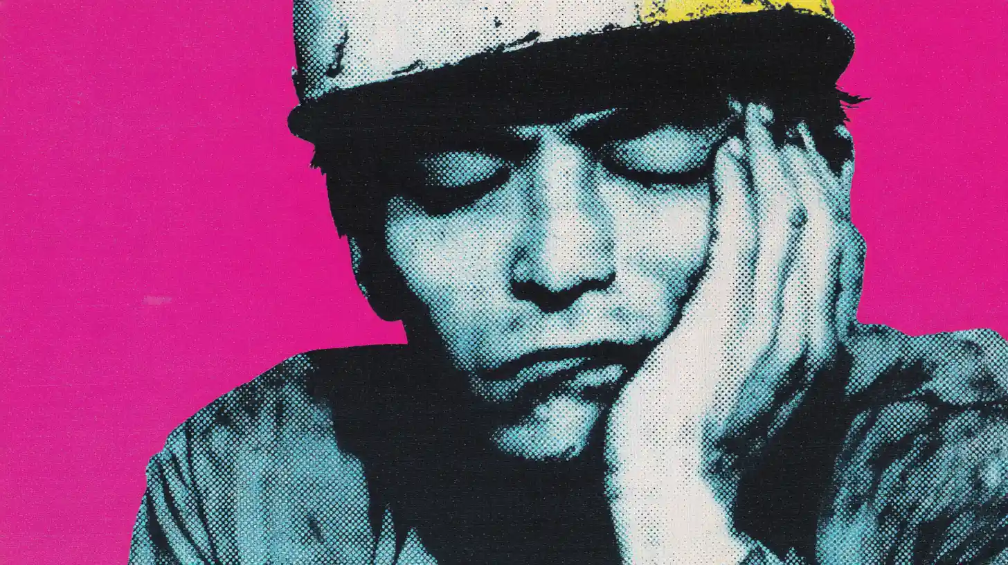 Exhausted post-war Japanese worker illustration © History Oasis Halftone pop-art portrait of an exhausted worker in a hard hat