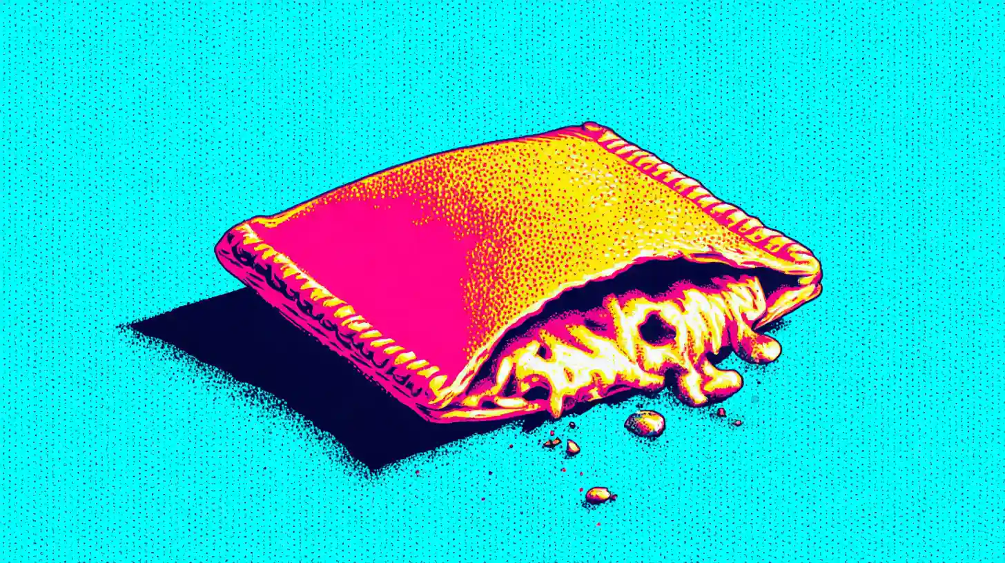 Pop-art illustration of a stuffed sandwich pocket oozing melted cheese