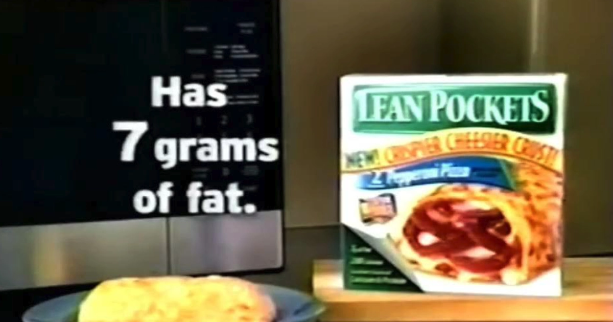 Lean Pockets Pepperoni Pizza box beside microwave in vintage commercial