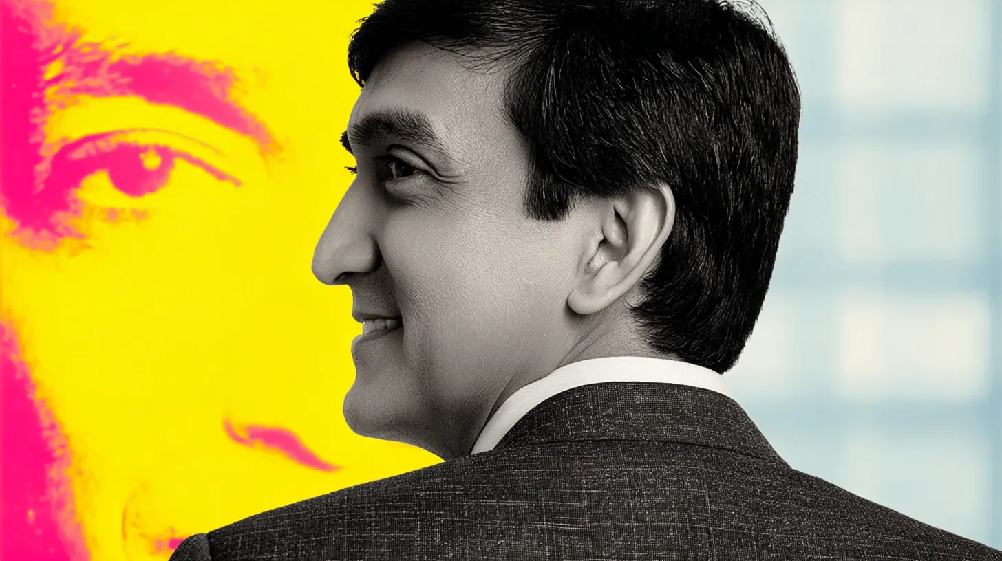 Smiling executive in profile against yellow and magenta pop-art face