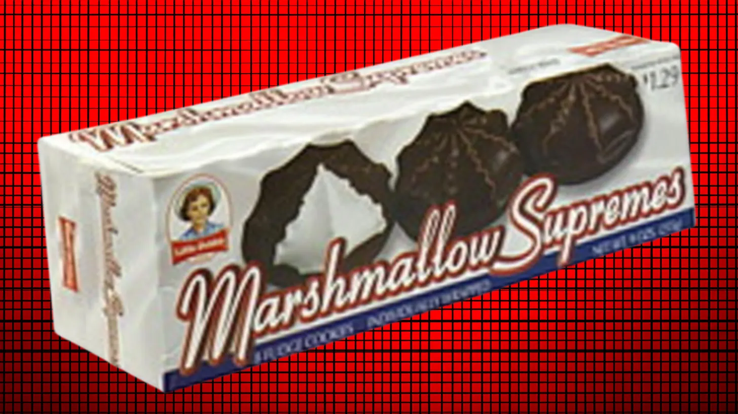 McKee Foods Little Debbie Marshmallow Supremes package with chocolate-coated cookies