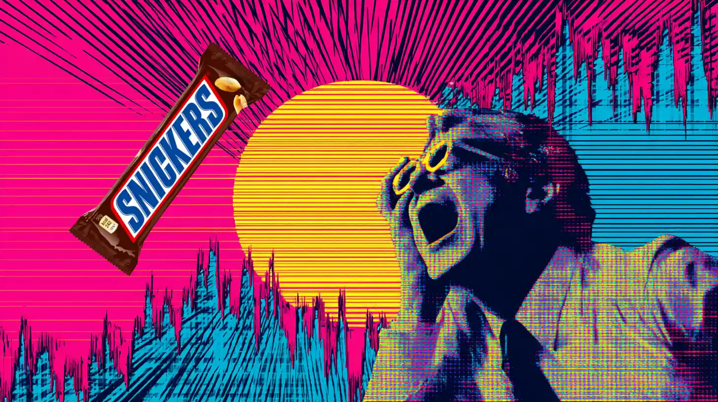 Pop art illustration of a screaming man beside a falling Snickers bar
