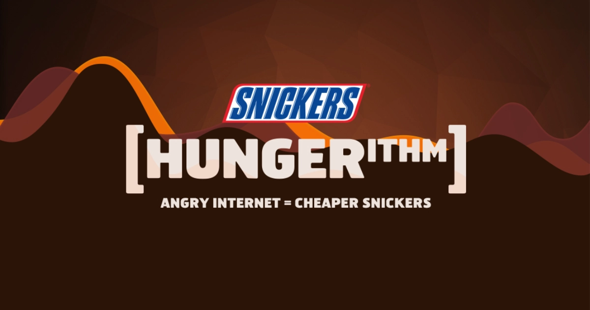Snickers Hungerithm campaign logo reading Angry Internet Equals Cheaper Snickers