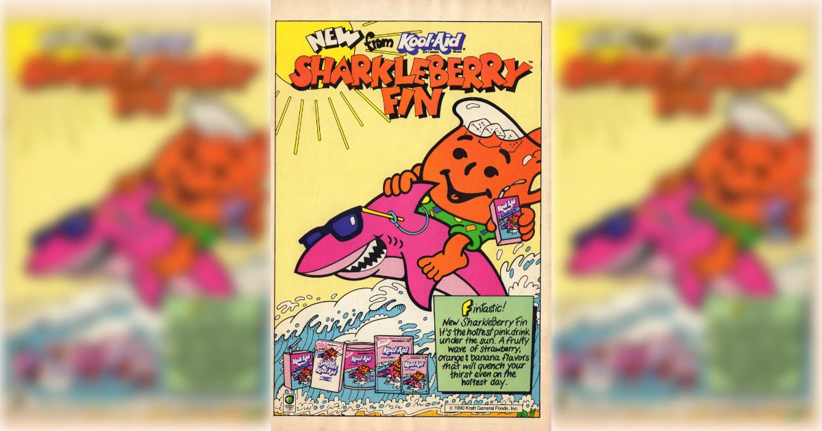 Kraft Heinz Kool-Aid Sharkleberry Fin comic ad with pink shark cartoon