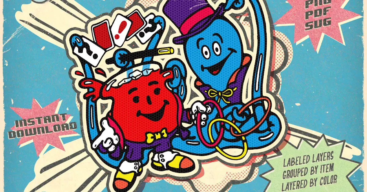 Kraft Heinz Cartoon Kool-Aid Man beside blue magician character in top hat