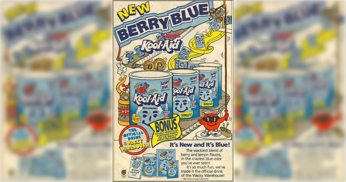 Kraft Heinz Kool-Aid Berry Blue magazine ad with drink mix canisters