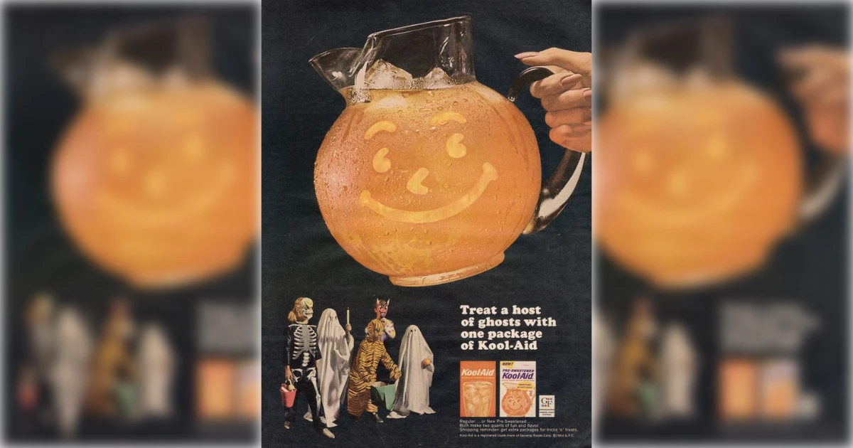 Kraft Heinz Vintage Kool-Aid Halloween ad with jack-o-lantern pitcher and costumed kids