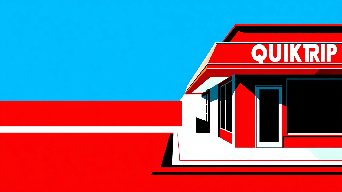Flat illustration of a red QuikTrip convenience store under blue sky