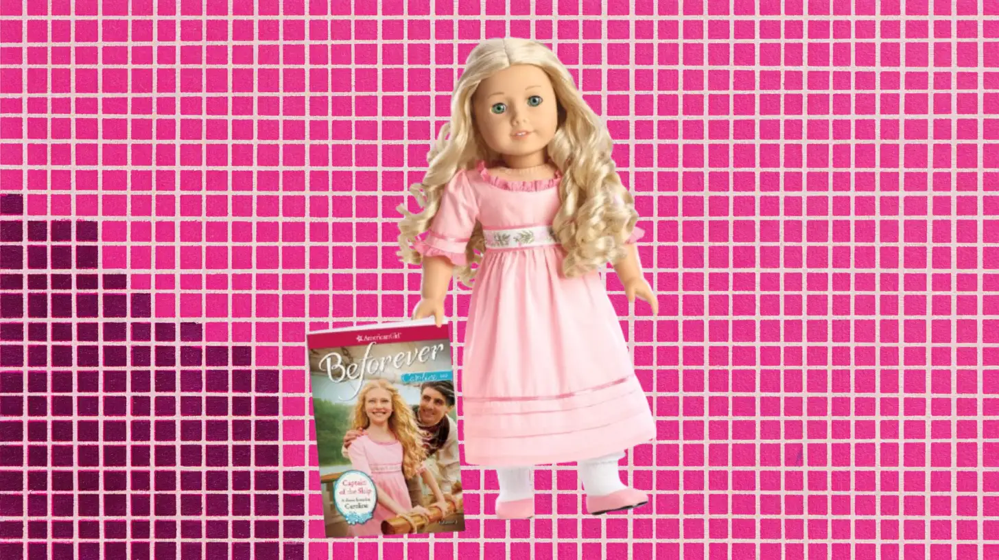 Mattel Caroline Abbott American Girl doll in pink dress with Beforever book